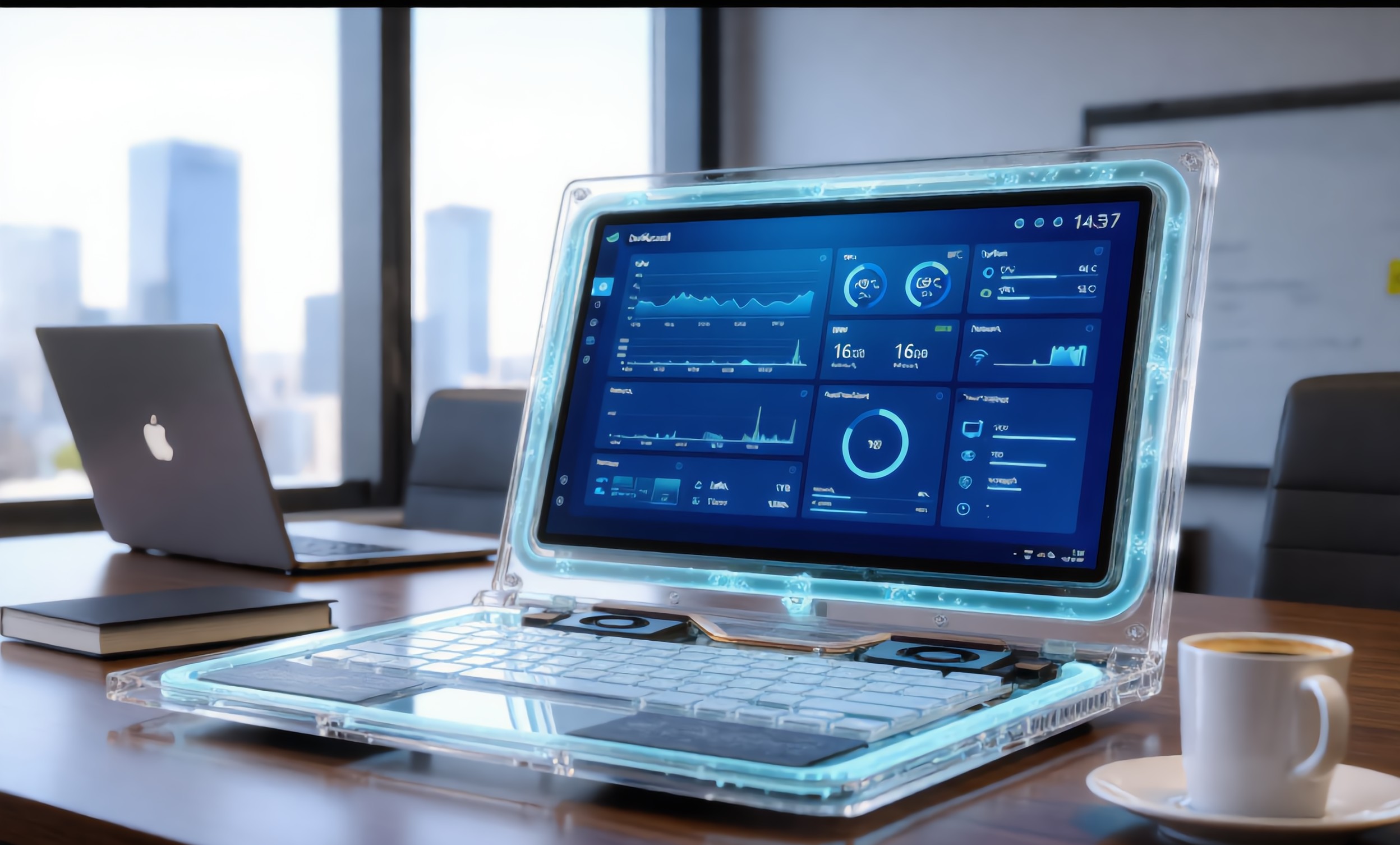 ZERO laptop open on a boardroom desk beside a coffee cup