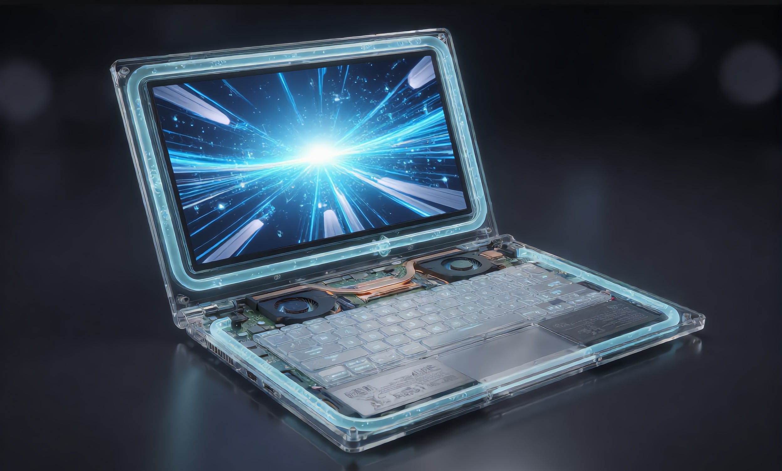 ZERO laptop screen close-up, dual fans and heat pipe visible beneath the display